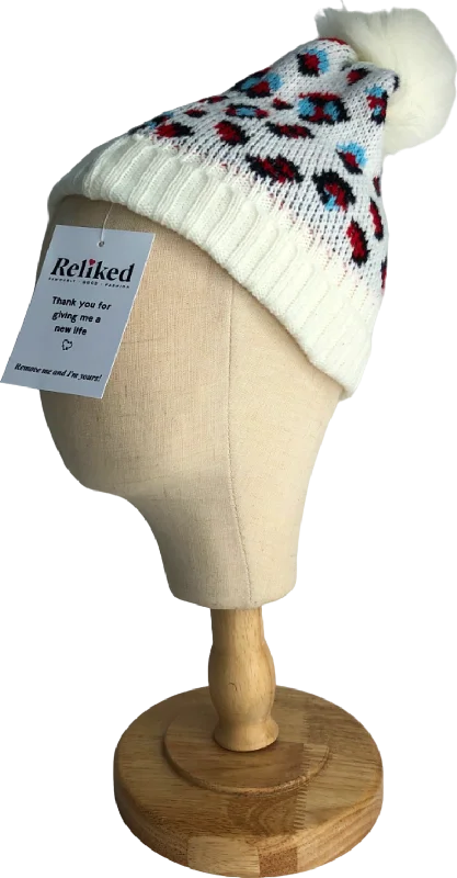 Women's Collarless Design SweatersWhite Leopard Print Knit Beanie One Size