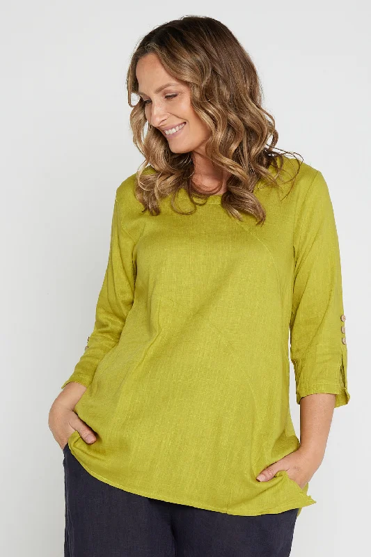 Women's Blouse with V-Shaped CollarJanine Linen Top - Moss Citrine