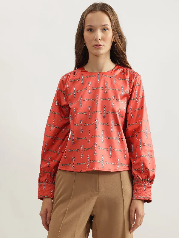 Women's Blouse with Mid-LengthIconic Women Rust Printed Round Neck Full Sleeves Top