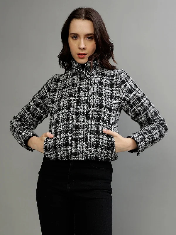 Women's Blouse with Collarless DesignElle Women Black Checked Stand Collar Full Sleeves Jacket