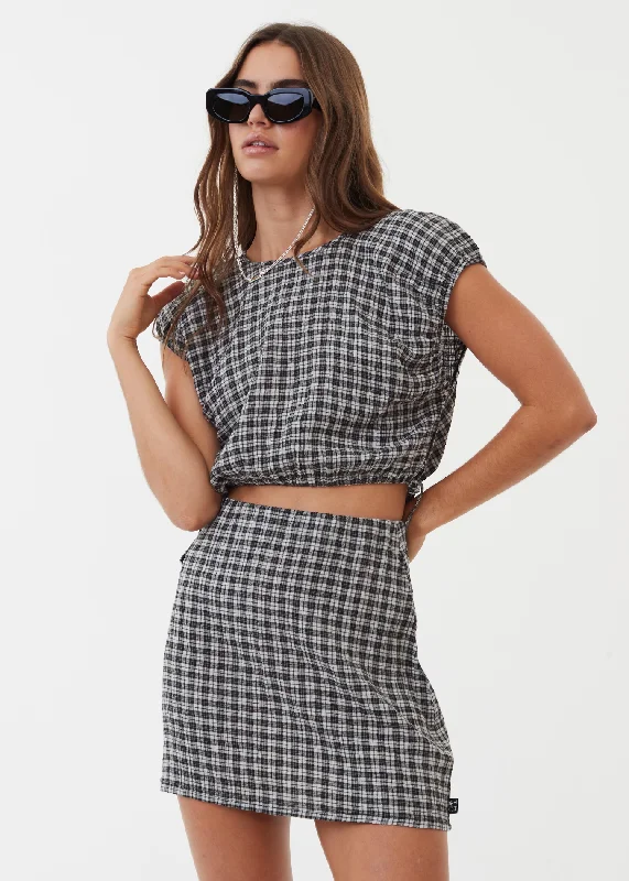 Women's Blouse with Rounded CollarAFENDS Womens Asta - Seeksucker Check Tie Top - Steel