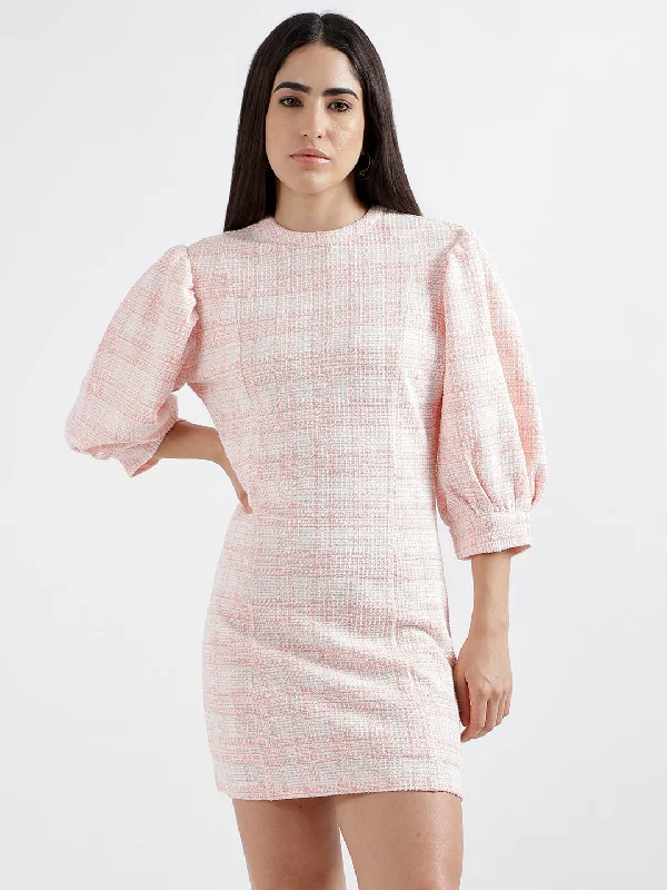 Women's Button-Up BlouseElle Women Pink Checked Round Neck Short Sleeves Bodycon Dress