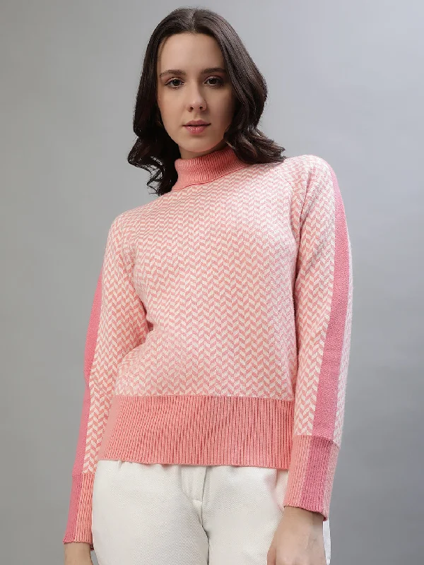 Women's Blouse with Notched CollarIconic Women Pink Printed Turtle Neck Full Sleeves Sweater