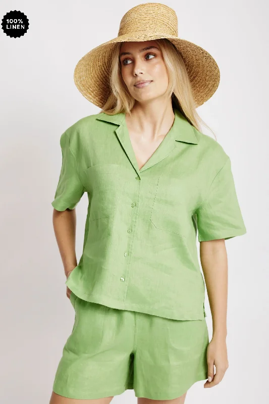 Women's Blouse for Special OccasionsRevere Collar Linen Shirt in Avocado