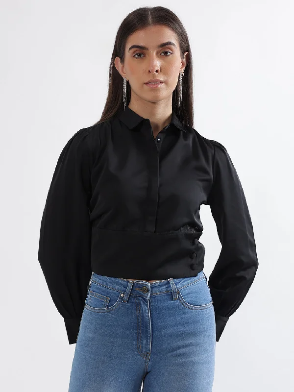 Women's Blouse for HolidayElle Women Black Solid Spread Collar Full Sleeves Top