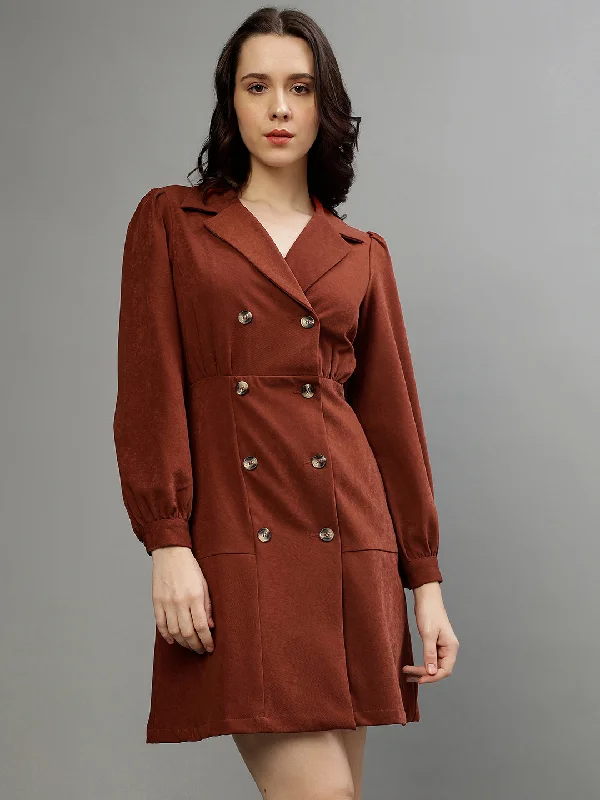 Women's Blouse with Low CollarElle Women Rust Solid Notched Collar Full Sleeves A-Line Dress