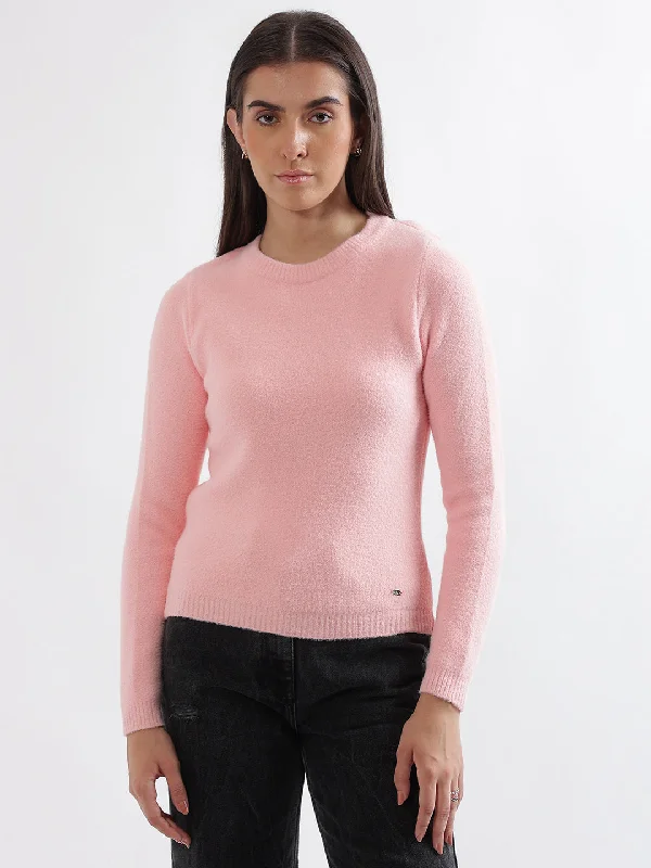 Women's Blouse with U-Shaped CollarElle Women Pink Solid Round Neck Full Sleeves Pullover Style Sweater