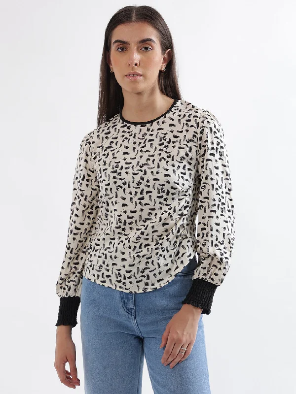 Women's Patterned BlouseElle Women Cream Printed Round Neck Full Sleeves Top