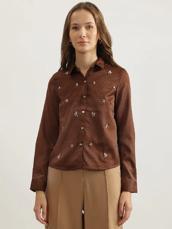 Women's Silk BlouseCentrestage Women Brown Embellished Spread Collar Full Sleeves Top