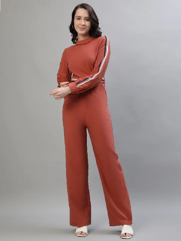 Women's Sleeveless BlouseIconic Women Rust Solid High Neck Full Sleeves Jumpsuit