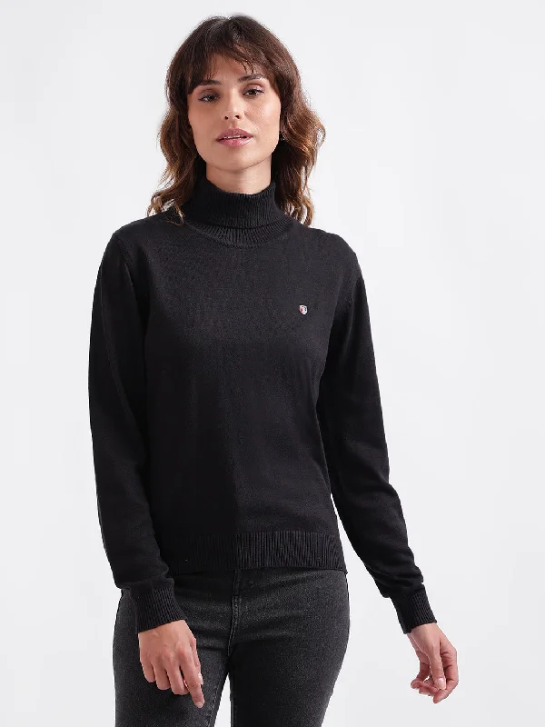 Women's Blouse with U-Shaped NeckIconic Women Black Solid High Neck Full Sleeves Sweater