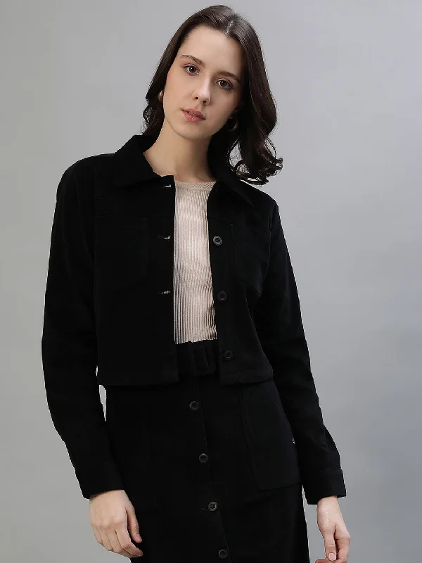 Women's Blouse with TasselsIconic Women Black Solid Spread Collar Full Sleeves Jacket