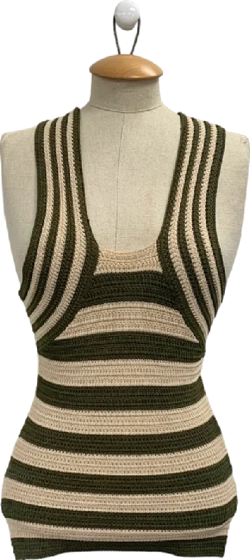 Women's Zip-Up SweatersKaren Millen Olive Stripe Viscose Blend Crochet Knit Cross Front Top XS