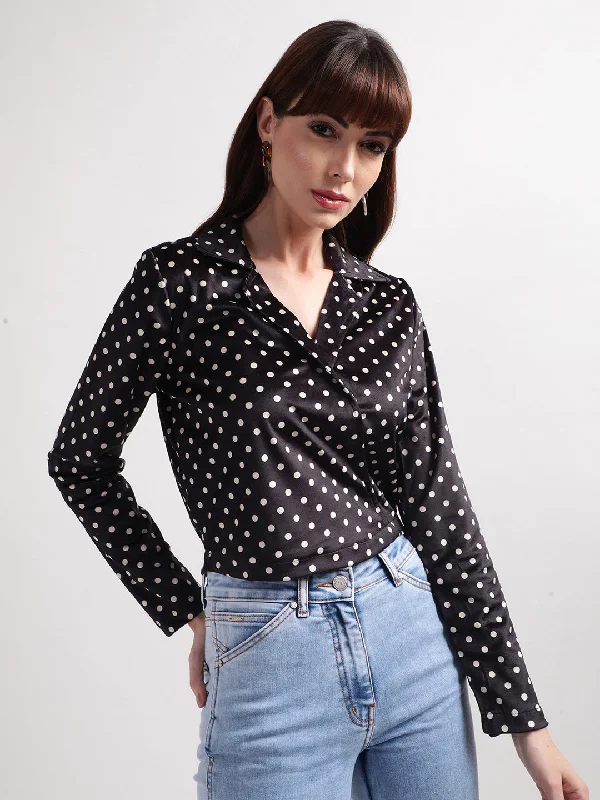 Women's Blouse with Gathered SleevesElle Women Black Printed Collar Neck Full Sleeves Top