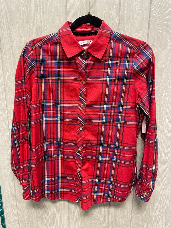 Women's Blouse with FrillsBlouse Long Sleeve By Foxcroft In Plaid Pattern, Size: S