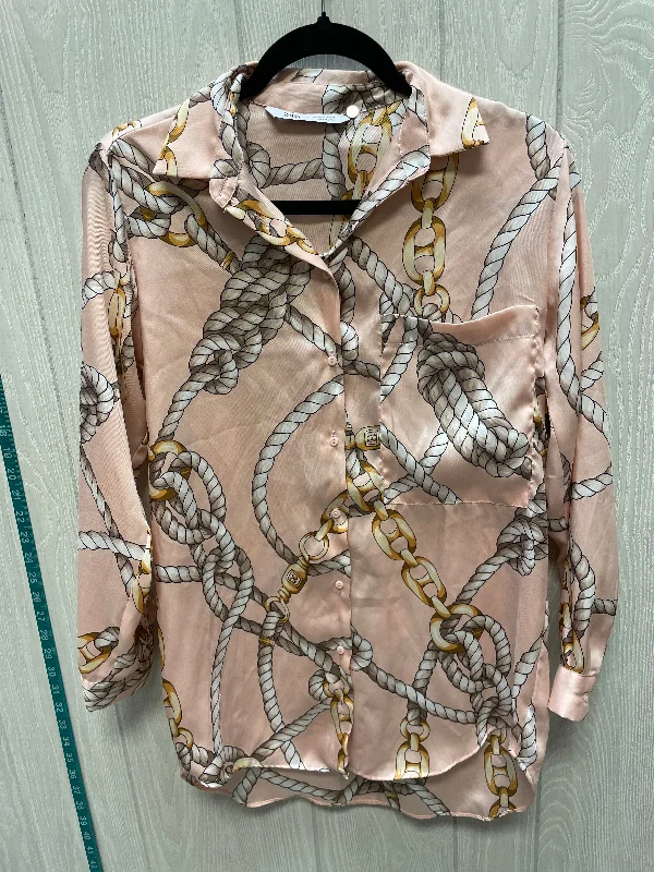 Women's Blouse with Rounded CollarBlouse Long Sleeve By Zara In Gold & Pink, Size: Xs