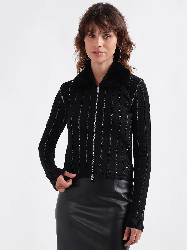 Women's Blouse with BeadsElle Women Black Embellished Collar Neck Full Sleeves Cardigan Style Sweater