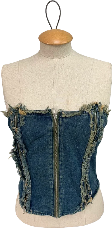 Women's Smocked SweatersMars The Label Blue Frayed Denim Bustier Top UK XS