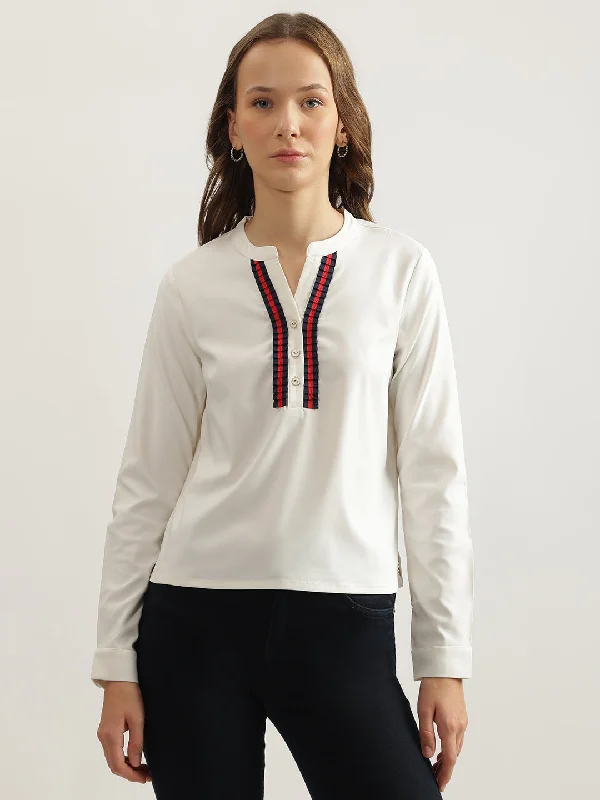 Women's Blouse with EmbroideryIconic Women White Solid Round Neck Full Sleeves Top