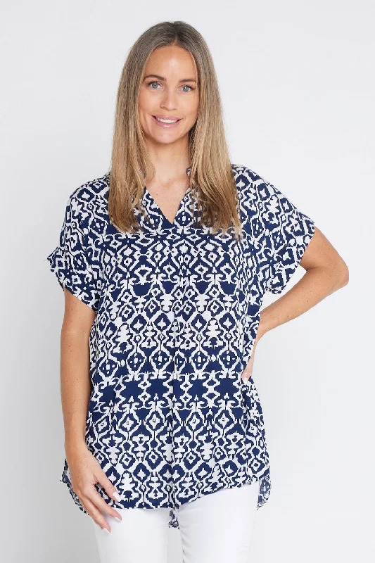 Women's Blouse with Three-Quarter SleevesSafiya Top - Navy/White