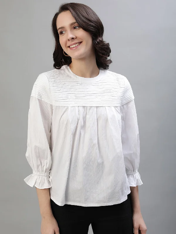 Women's Blouse with PocketsIconic Women White Striped Round Neck 3/4th Sleeves Top