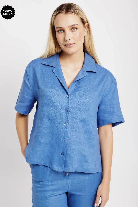 Women's Blouse with ZipperRevere Collar Linen Shirt in Blue