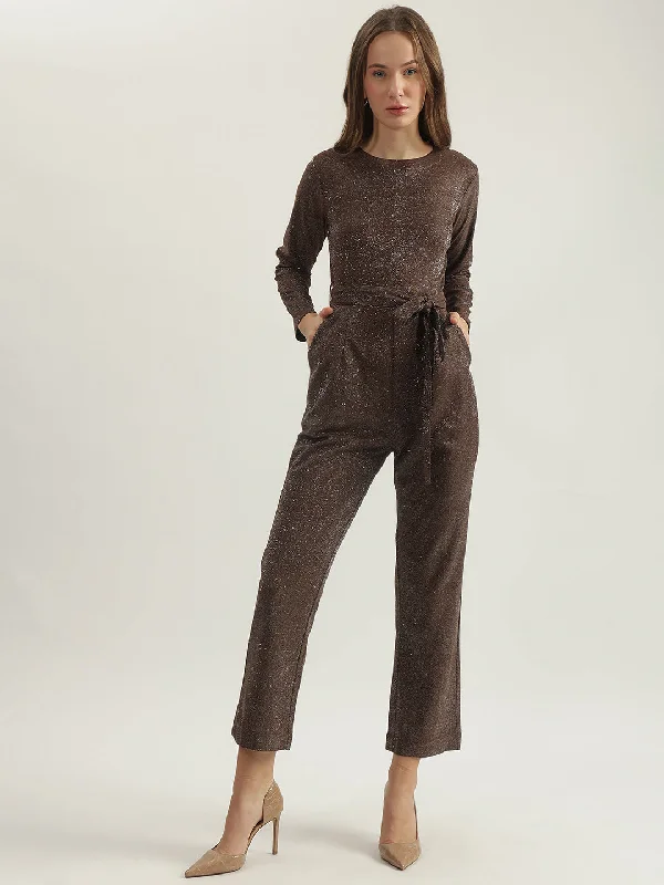 Women's Short-Sleeve BlouseCentrestage Women Brown Printed Round Neck Full Sleeves Jumpsuit