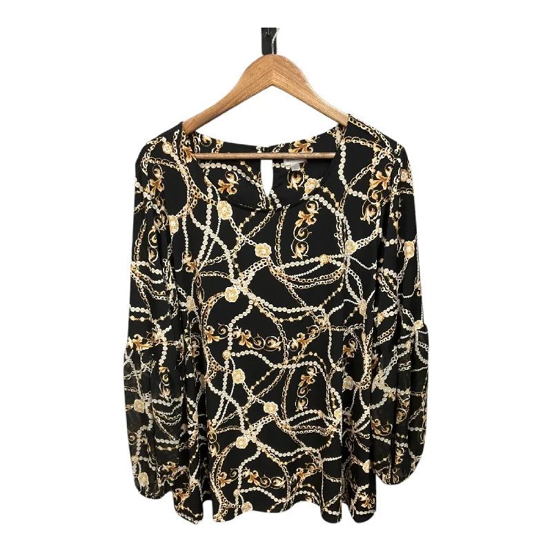 Women's Blouse with Shawl CollarBlouse 3/4 Sleeve By Avenue In Black & Gold, Size: 3x