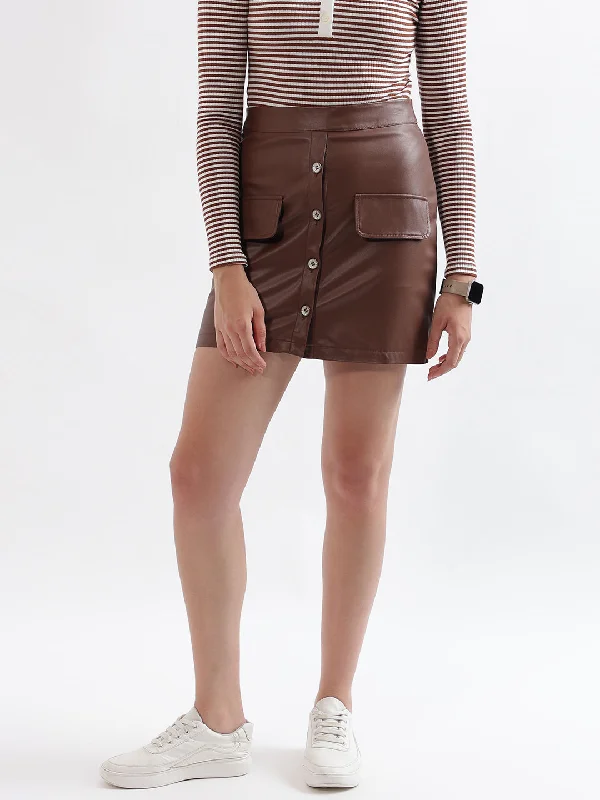 Women's Blouse with Mandarin CollarElle Women Brown Solid Fitted Pencil Skirt