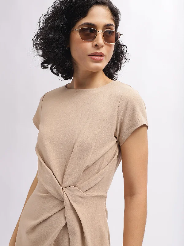 Women's Blouse with Boat CollarCentre Stage Women Beige Solid Round Neck Short Sleeves Dress