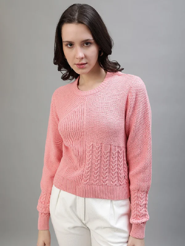 Women's Blouse with Wide CollarIconic Women Pink Woven Round Neck Full Sleeves Sweater