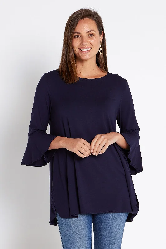 Women's Blouse with Square CollarLacey Bamboo Top - Navy