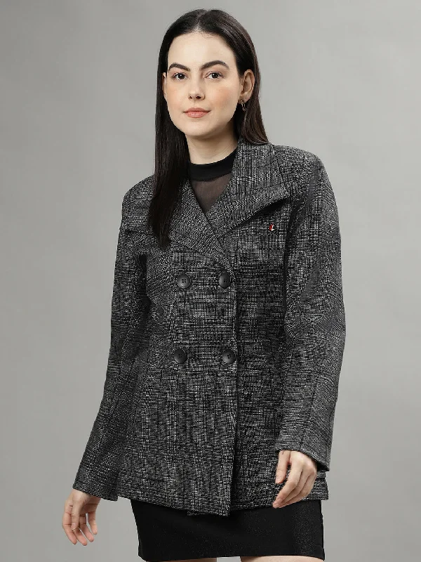 Women's Blouse with SequinsIconic Women Black Checked Spread Collar Full Sleeves Coat