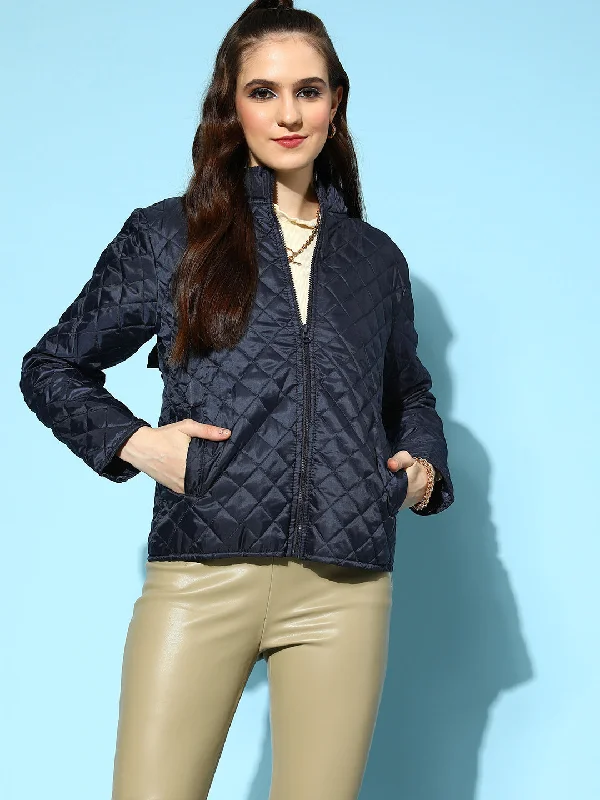 Women's Coats with Fur Trimmed ButtonsWomen Navy Quilted Hooded Puffer Jacket