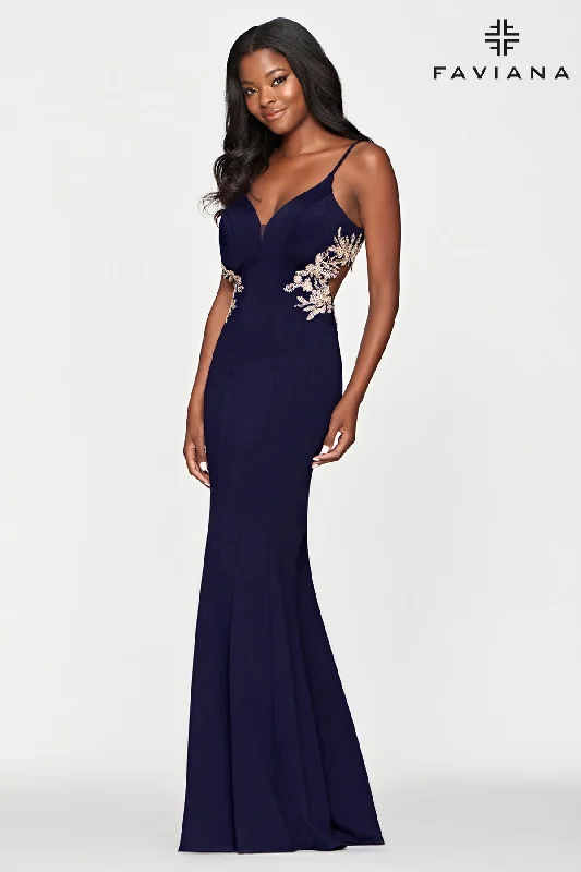 Women's Racerback DressesFaviana S10668 Cutout Crepe Fit & Flare Gown With Embroidered Lace Applique | Navy/Gold