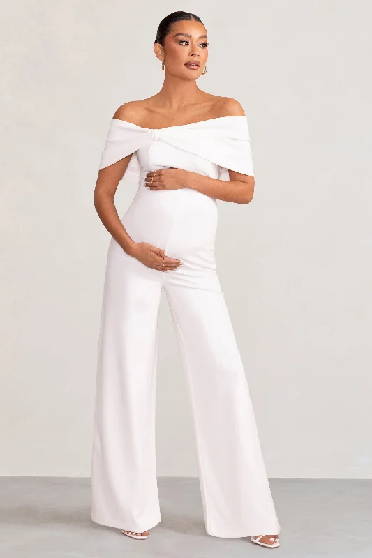 Women's Jumpsuits with U-Shaped CollarMeave | White Bardot Bow Maternity Jumpsuit