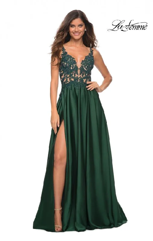 Women's Narrow Collar DressesLa Femme 30580 Satin Gown with Sheer Lace Bodice