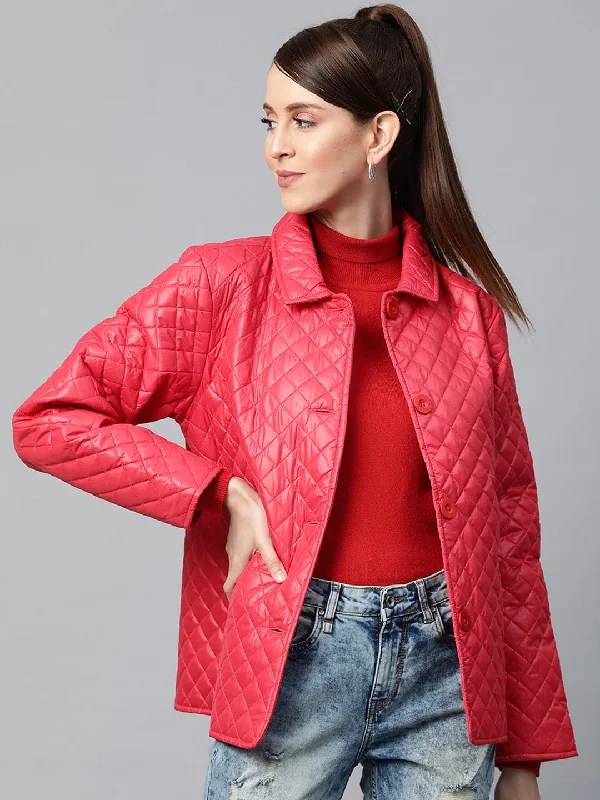 Women's Bomber CoatsRed Collared Quilted Puffer Jacket