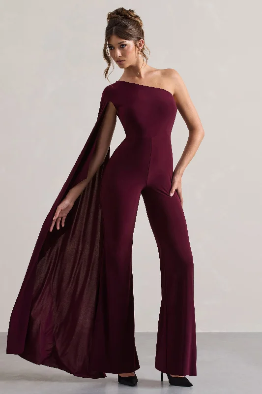 Women's Jumpsuits with Square CollarJulie | Plum Asymmetric Flared-Leg Jumpsuit With Cape Sleeve