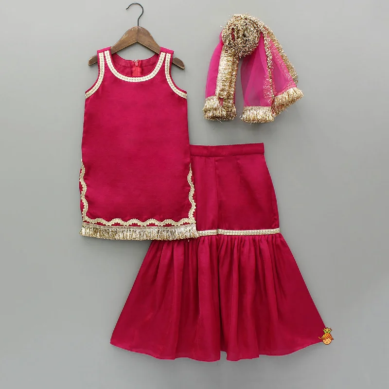 Women's Jumpsuits with Peter Pan CollarPink Lace Work Kurti And Sharara With Matching Net Dupatta