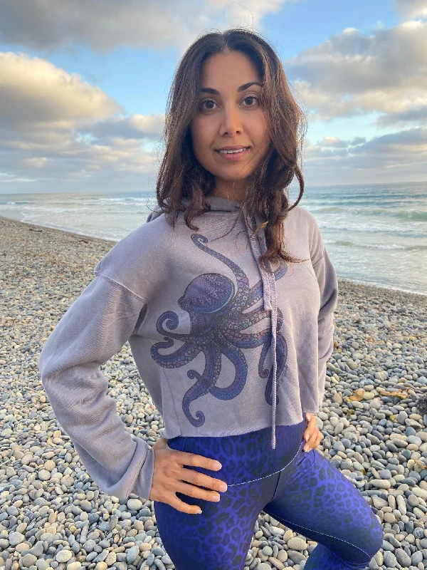 Women's Hooded Zip-Up SweatshirtsPurple Octopus Crop Hoodie