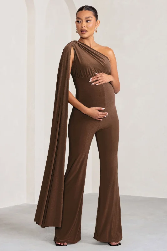 Women's Jumpsuits with Sweetheart CollarSing To Sleep | Chocolate Maternity One Shoulder Cape Jumpsuit