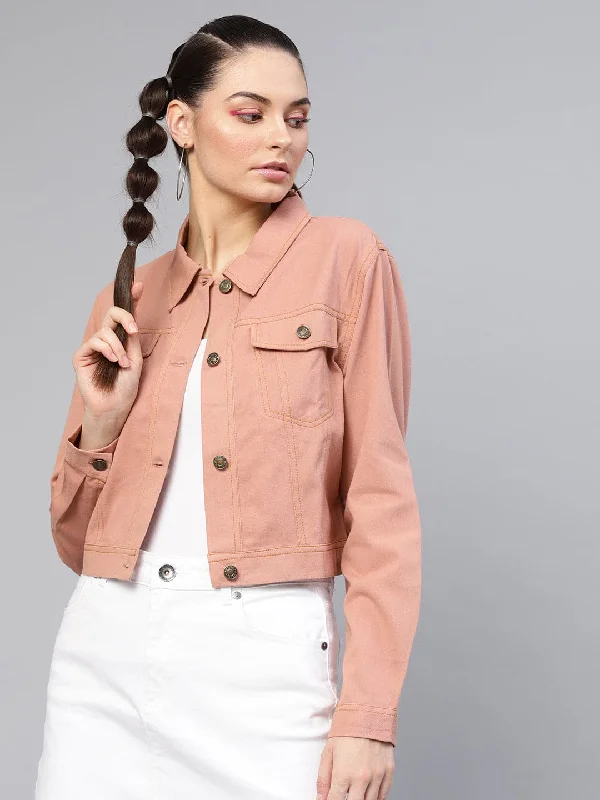 Women's Coats with Fur Trimmed BeltPink Denim Crop Jacket