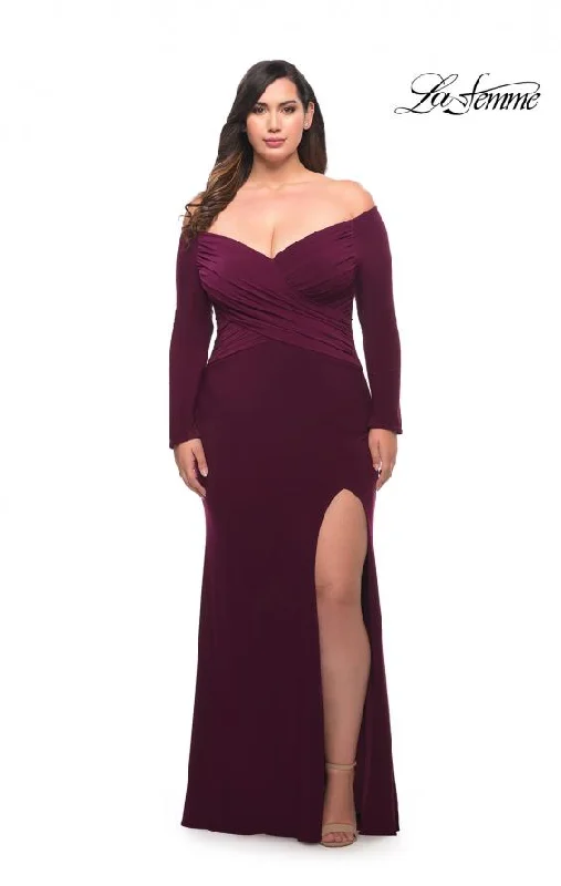 Women's Low Collar DressesLa Femme 29530 Off Shoulder Jersey Gown