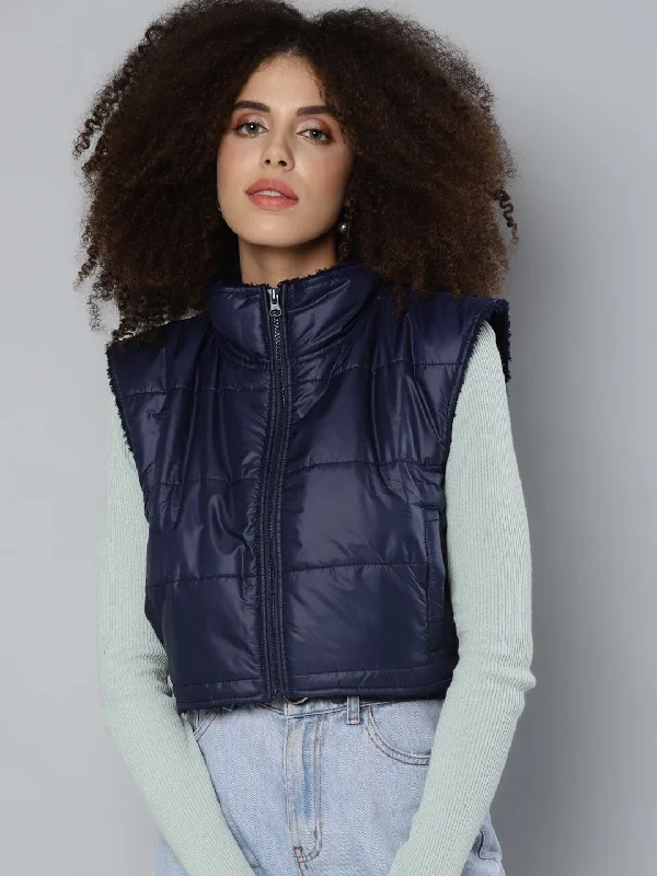 Women's Coats with Fur Trimmed HoodNavy Fur Lined Sleeveless Crop jacket