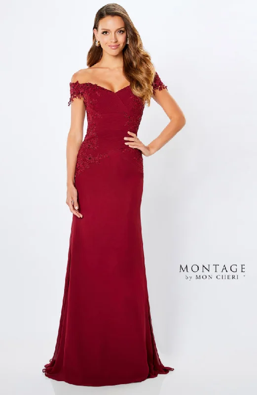 Women's Narrow Collar DressesMontage 221964 Rouched Chiffon Off The Shoulder Gown With Lace Applique