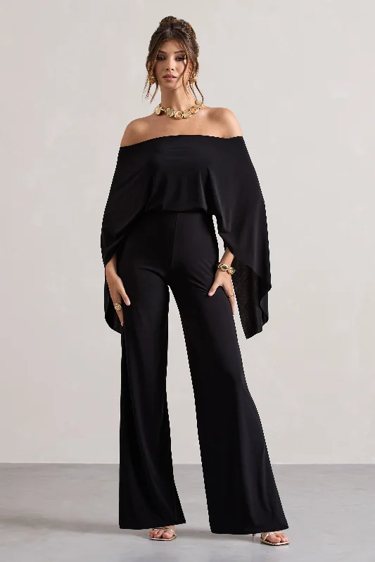 Women's Jumpsuits with Boat NeckKori | Black Bardot Wide-Leg Jumpsuit With Cape