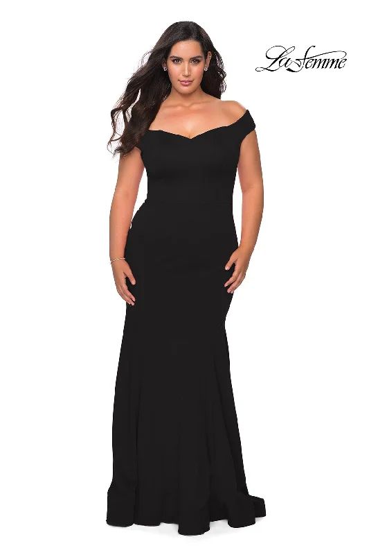  Women's A-Line DressesLa Femme 28963 Off The Shoulder Jersey Fit & Flare Gown | Black, Red