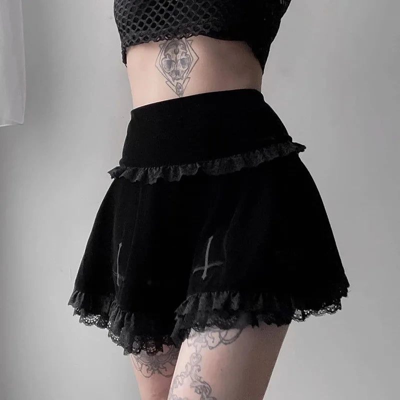 Women's Peter Pan Collar SkirtsSexy Fashion Summer Embroidery Black Gothic Casual Stylish Lace Trim Skirt