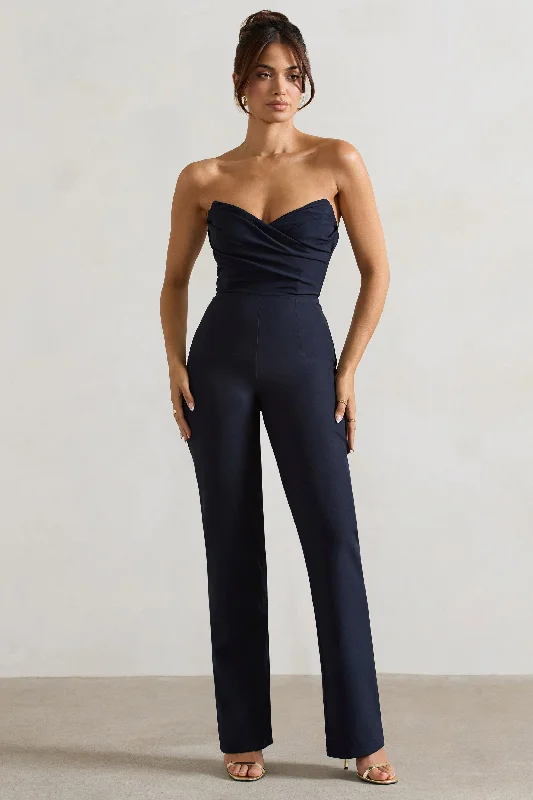 Women's Jumpsuits with Sweetheart CollarBellezza | Navy Bandeau Corset Wide Leg Jumpsuit